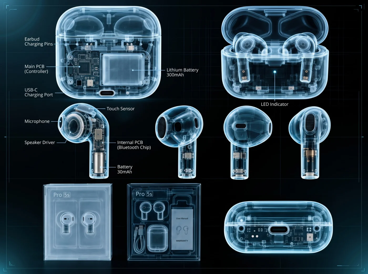 Supplied technical artwork: 300mAh case, 30mAh earbuds, USB-C, PCB, microphone and touch sensor