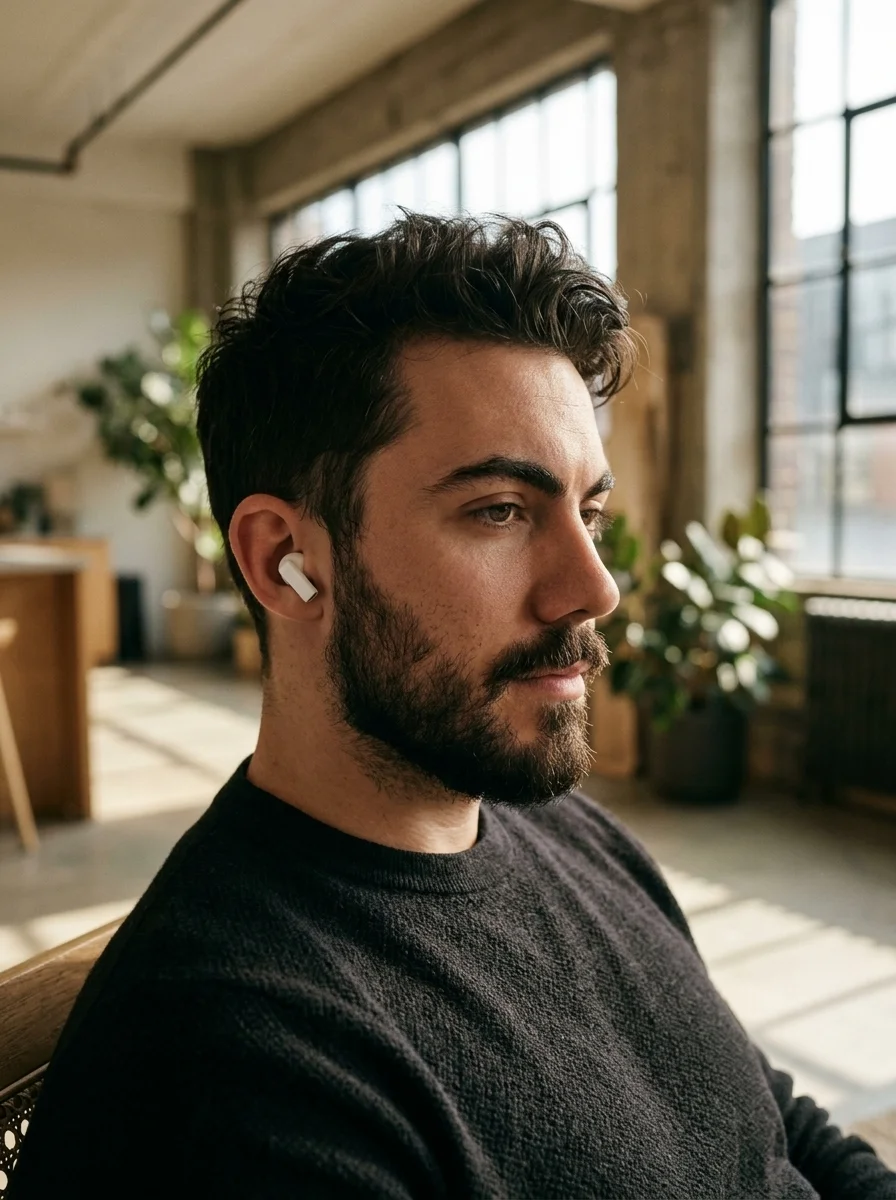 Person wearing the real white Pro 5s earbuds